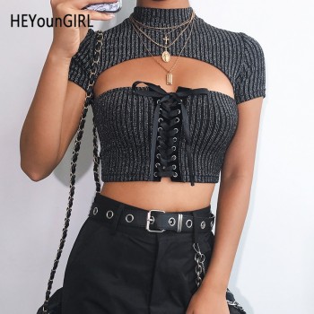 Dark Gray Crop Top with Lace up Front Short
